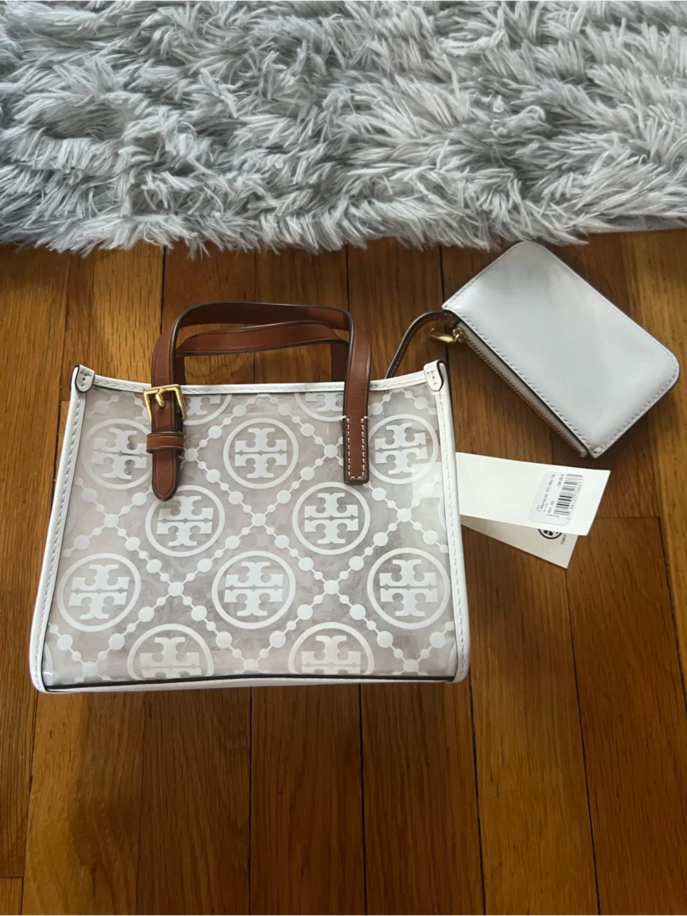 Tory Burch T Monogram TPU White and Brown Mini Tote with Leather Trim